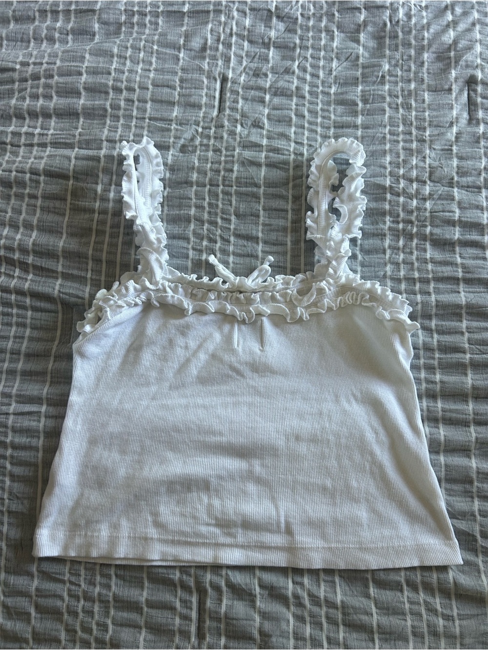 White Ruffle-Trim Ribbed Tank Top - Picture 2 of 3